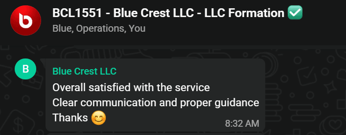 WhatsApp review from Blue Crest LLC - LLC Formation
