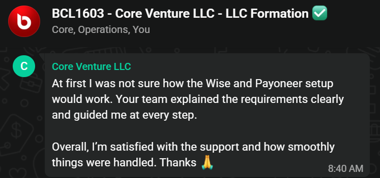 WhatsApp review from Core Venture LLC - LLC Formation
